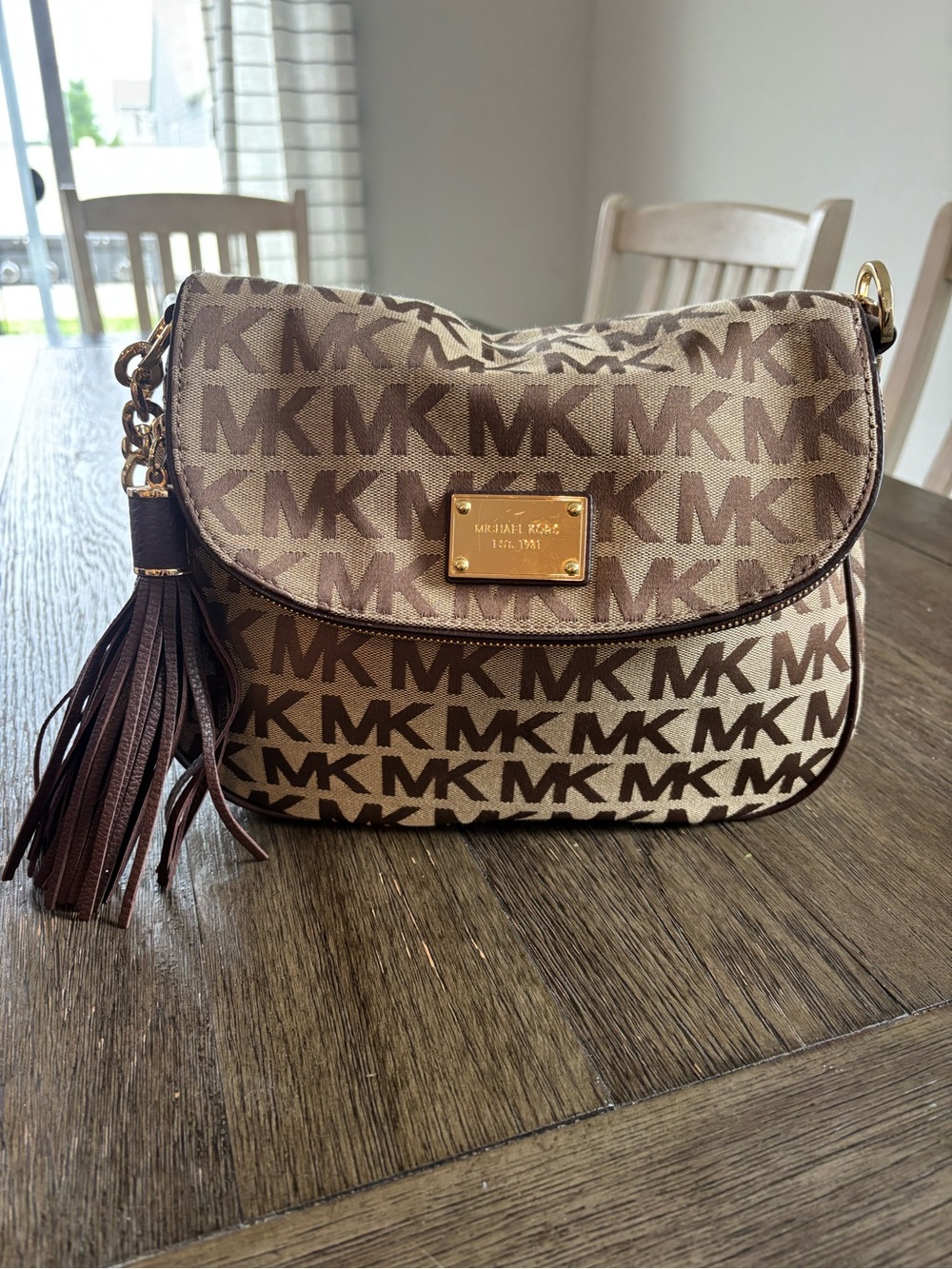 Michael Kors Brown Tan MK Logo shoulder bag with Tassel